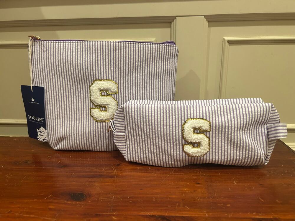 NWT YOOLIFE NWT 2Pc Initial S Monogram Cosmetic Bag Set Preppy Purple Stripe